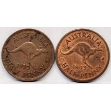 AUSTRALIA 1939 . HALF 1/2 PENNY . ROO and 1943 HALF 1/2 PENNY